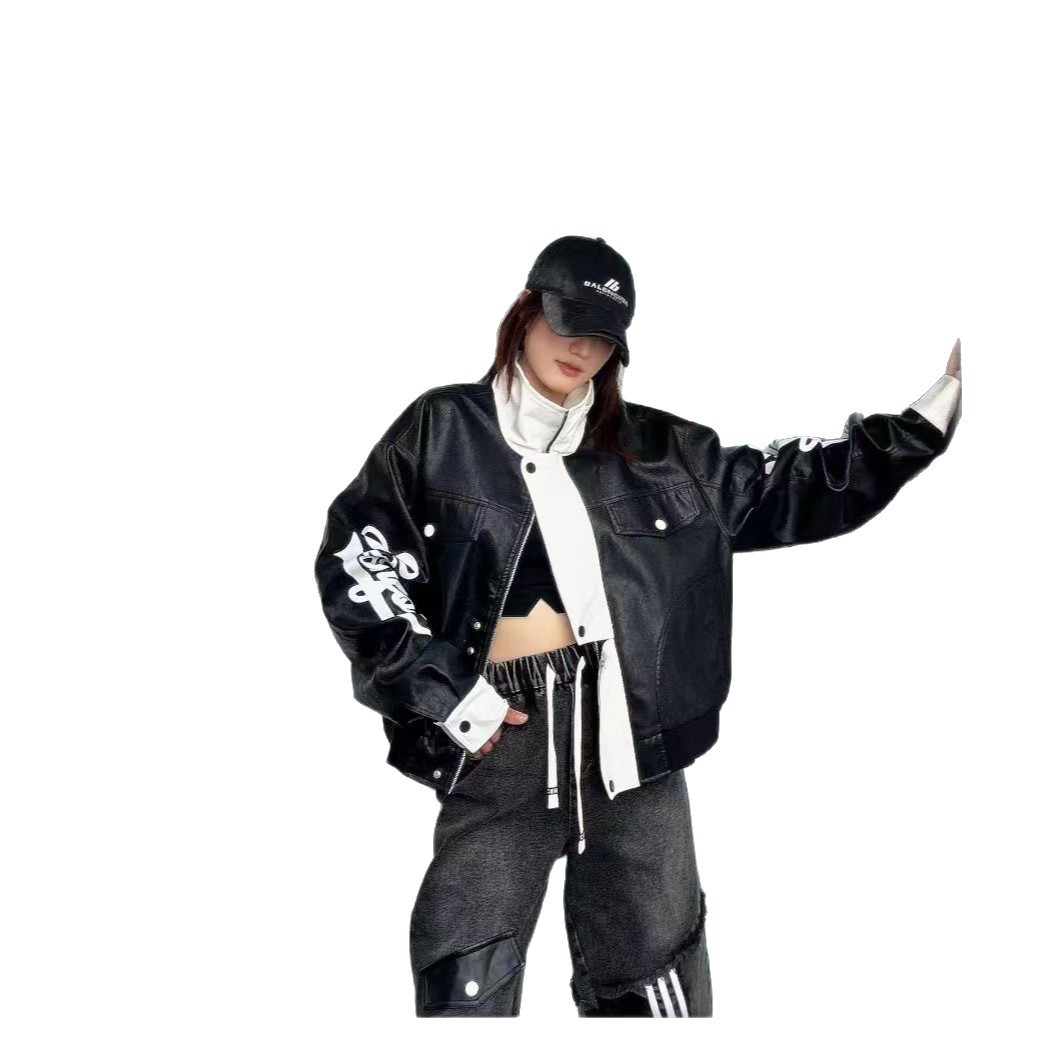 Personalized White Stand-collar Loose Short Jacket With Sleeve Lettering