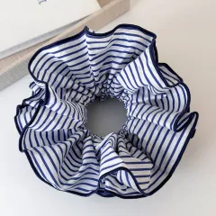 Sweet Blue Striped Double-layer Large Intestine Hair Ring All-match Hair Accessories - Blue On White Background - View 1