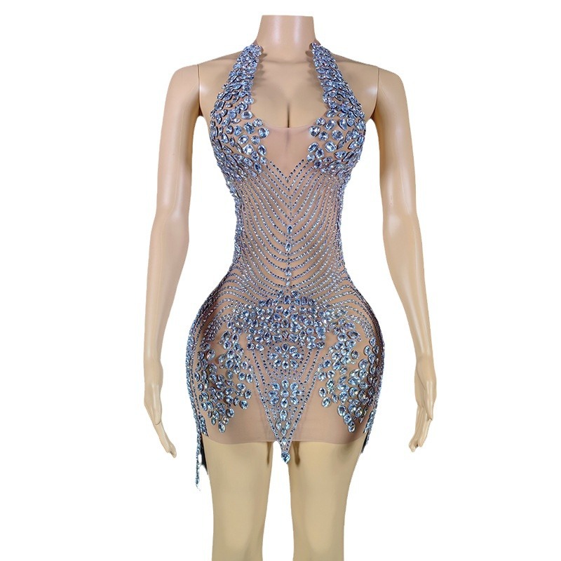 Latin Dance Practice Clothes Sexy See-through Rhinestone Halter