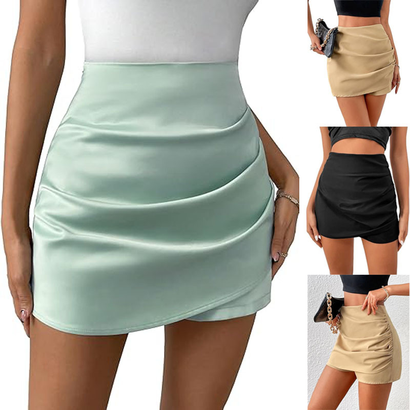 Womens Pleated Wrap Asymmetrical High-Waist Casual Shorts