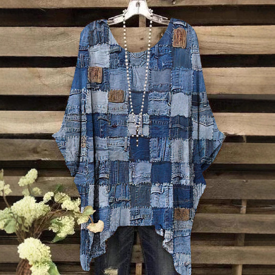 Ethnic-style Printed Loose-fitting Irregular Plus-size Batwing Top