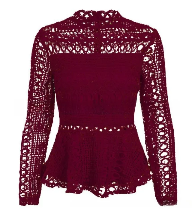 Sweet Crocheted Hollow Long Sleeve White Lace Shirt Top Red - Shop at LoveMi