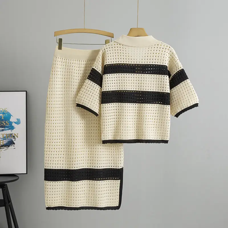 Knitted Short-Sleeve Cardigan and Midi Skirt Two-Piece Set