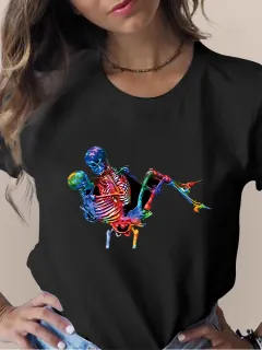 Women's Skull Flower Printed Round Neck Short Sleeve T-shirt - Black 4062 - View 1