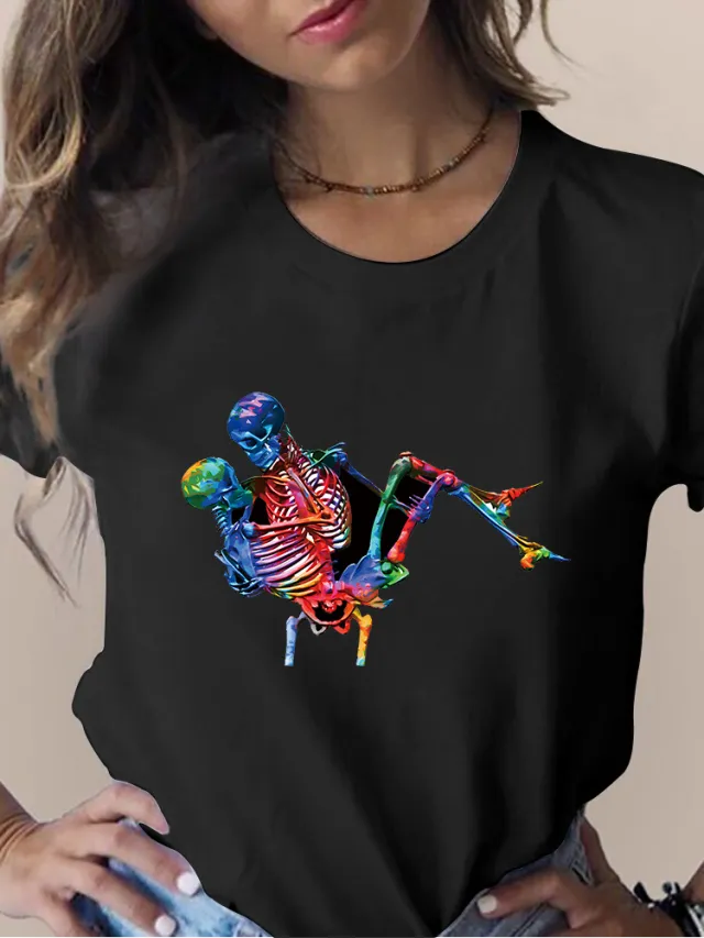 Women's Skull Flower Printed Round Neck Short Sleeve T shirt Black 4062 - Shop at LoveMi