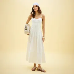 Sleeveless Frilly Broderie Maxi Dress Ivory - White - View 1
