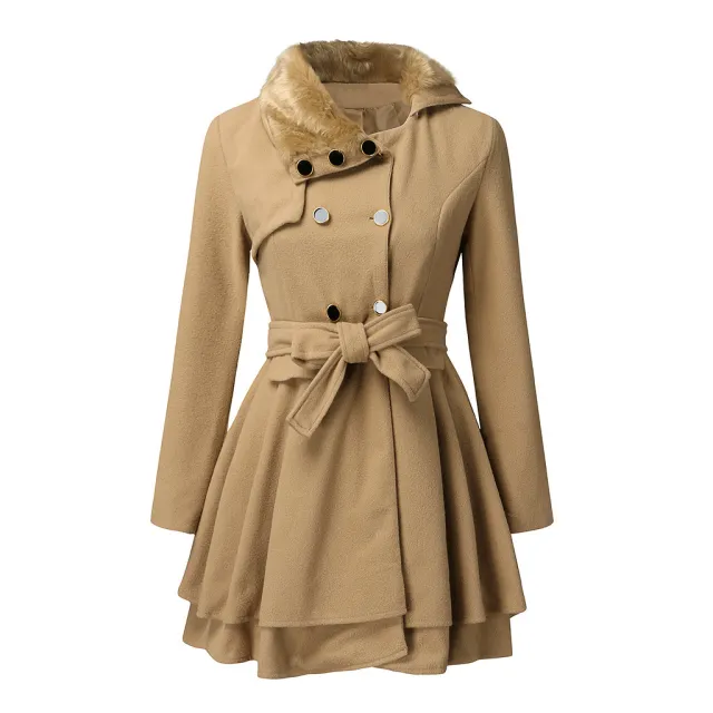 Women's Fur Collar Coat Double breasted Trench Coat With Large Skirt Camel - Shop at LoveMi