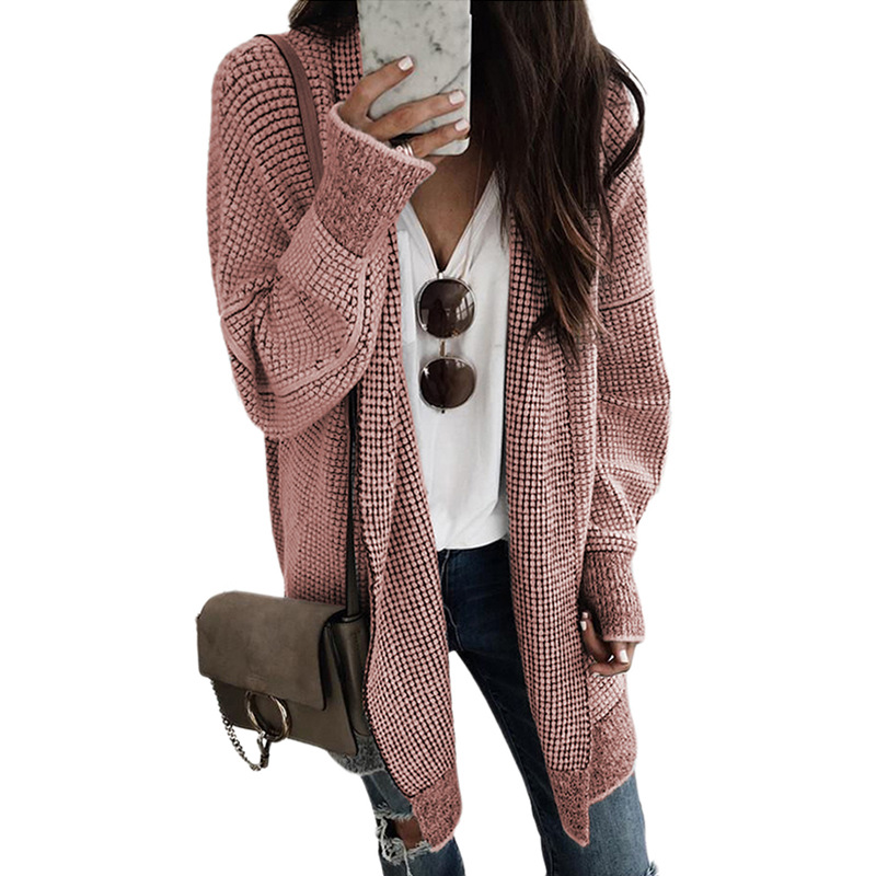 Mid length Autumn And Winter Knitted Smocking Women's Sweater Cardigan Pink - Shop at LoveMi