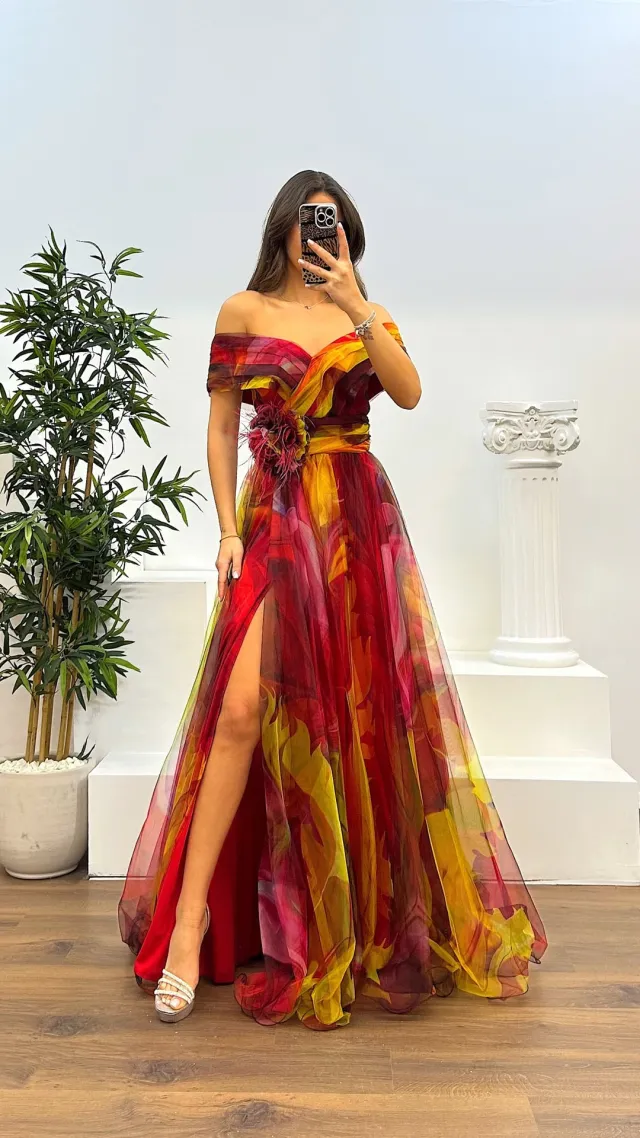 Voile Printed Party Dress INS Casual Fashion Red Red Feather - Shop at LoveMi