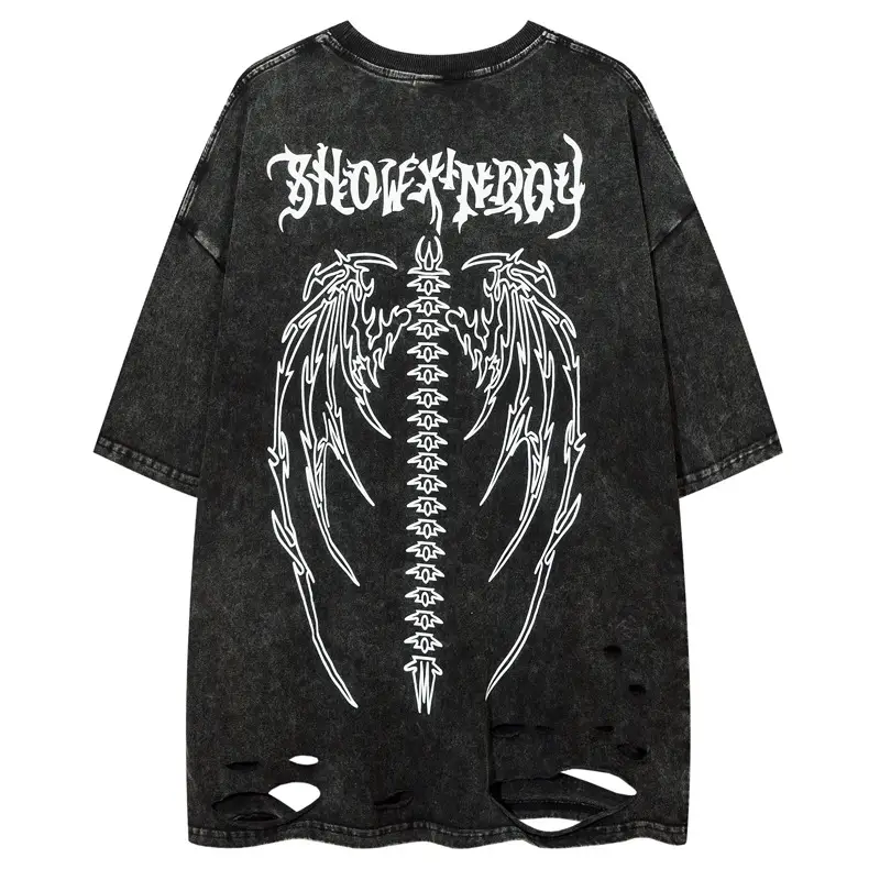 Hip Hop Retro Washed Distressed Printed Ripped Short Sleeve