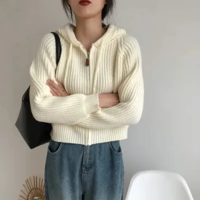 Korean Simple Short Hood Cardigan Wool Sunken Stripe Beige - Shop at LoveMi