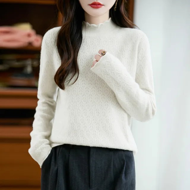 Women's Pure Wool Sweater Half height Wooden Ear Collar Sweater White - Shop at LoveMi