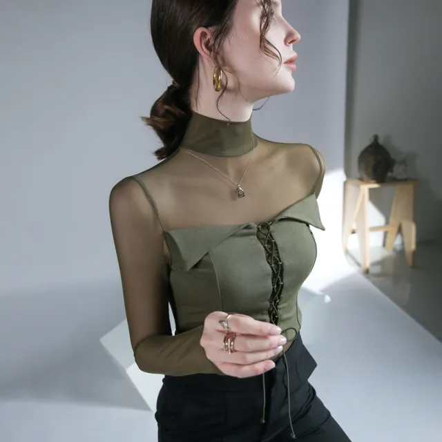 Women's Design Mesh Patchwork Top Bottoming Shirt Army Green - Shop at LoveMi