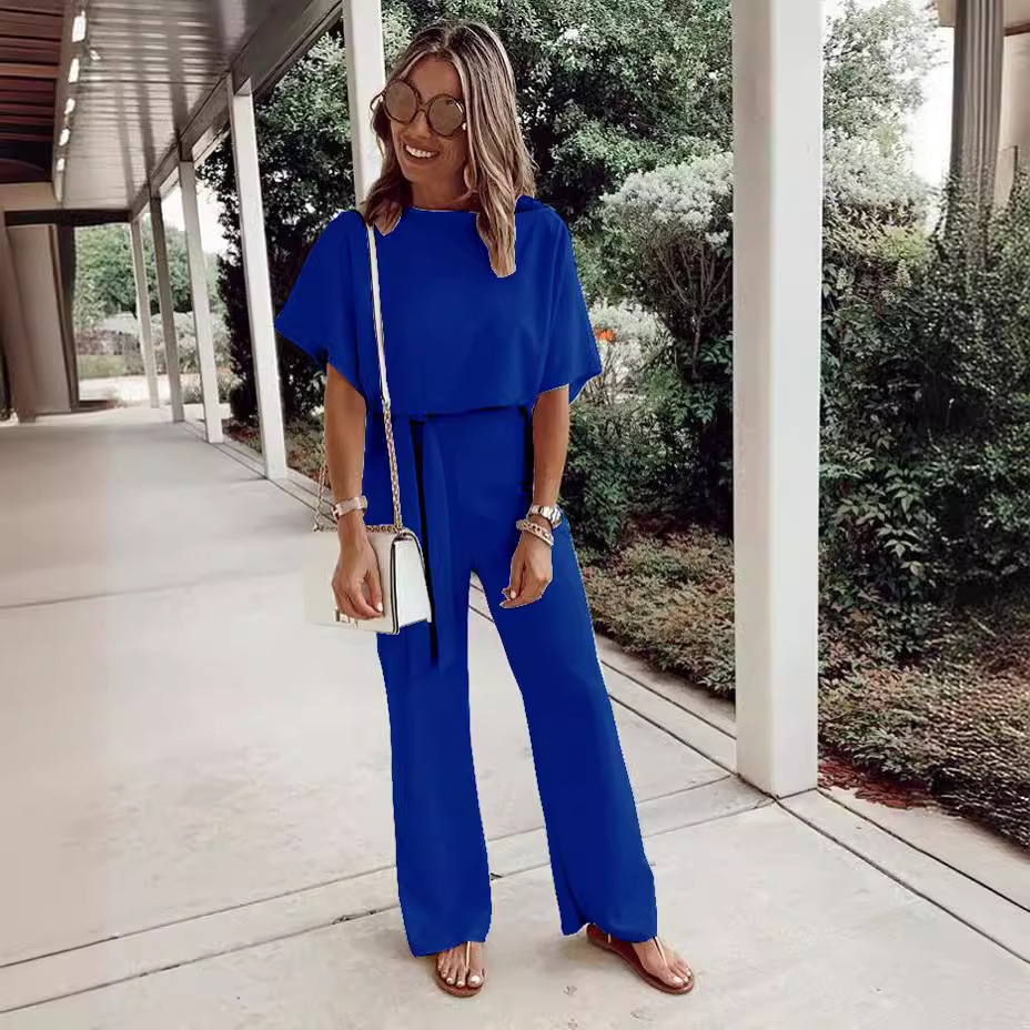 Women's Loose Casual Lace Up Jumpsuit Short Sleeve - Image 2