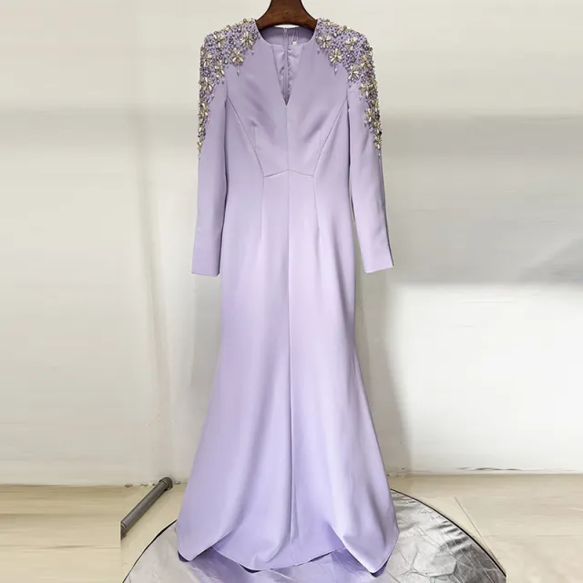 Heavy Industry Beads Diamond Front Slit Small Trailing Dress Violet - Shop at LoveMi