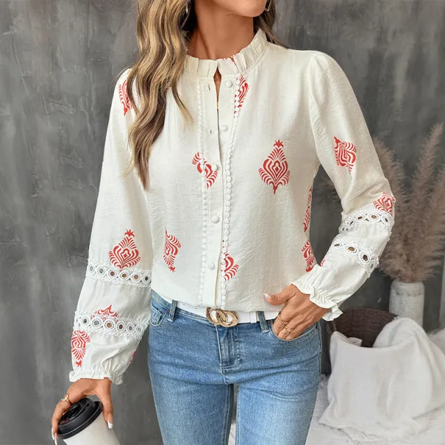 Stand Collar Ethnic Print Shirt For Women Apricot - Shop at LoveMi