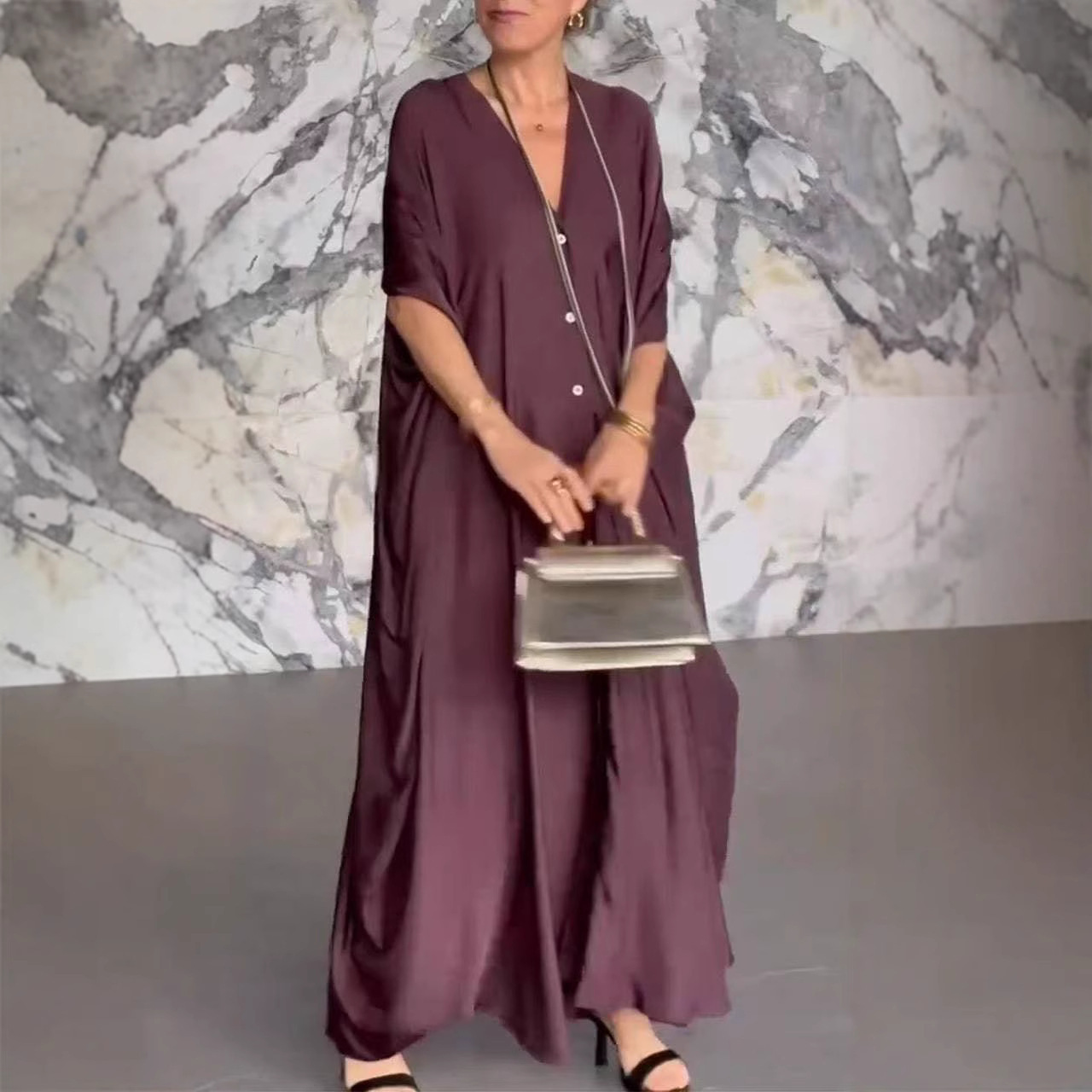 Women's V-neck Satin Loose Casual Dress