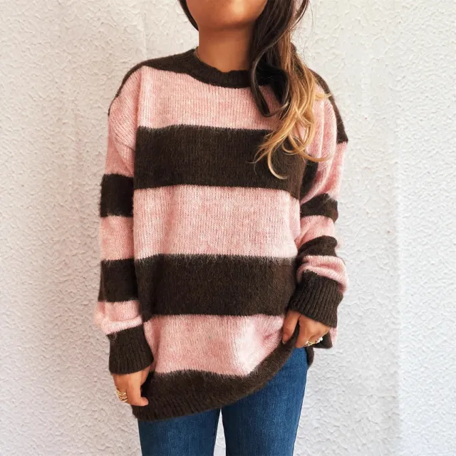 Striped Color Block Knitted Round Neck Chic Casual Loose Sweater Pink - Shop at LoveMi