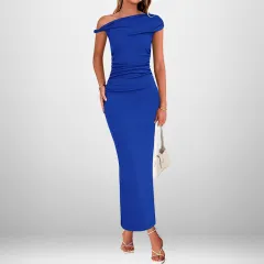Fashion Sexy Solid Color Oblique Shoulder High Waist Dress - Blue - View 1