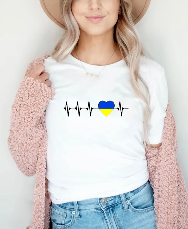 European And American Fashion Tops shaped Blue And Yellow Heart Printed Round Neck Short Sleeve White - Shop at LoveMi