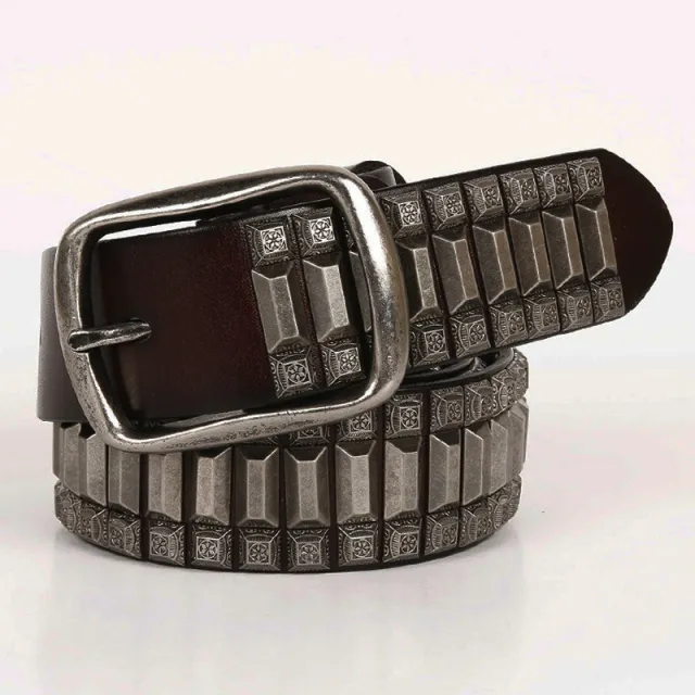 First Layer Cowhide Niche Pagoda Decorative Rivets Street Punk Belt Brown - Shop at LoveMi