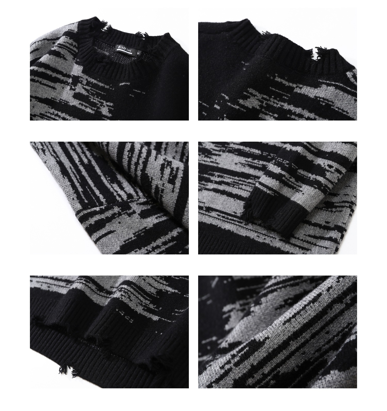 Zebra Pattern Color Matching Ripped Tassel Loose Round Neck Knitted Sweater