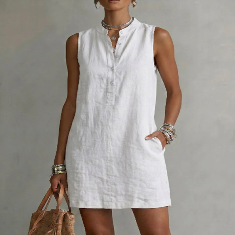 Womens V-neck Sleeveless Button-front Cotton-linen Dress