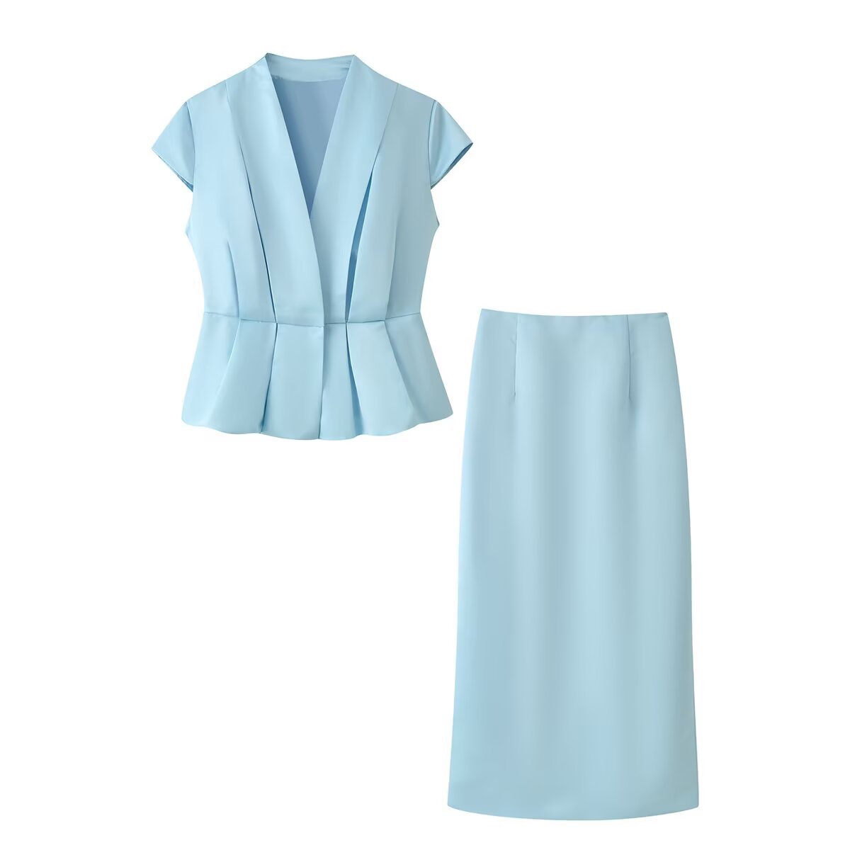 Simple And Elegant Pleated Top Solid-color Slit Midi Skirt Set