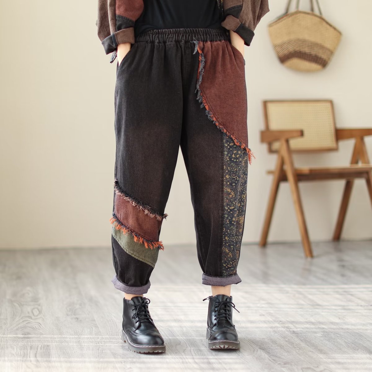 Contrast Color Denim Suit Cool Long Sleeve Coat Women's Harem Pants