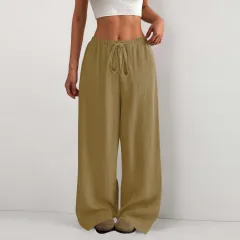 Women's Solid Color Loose Wrinkle Waist Drawstring Wide Leg Casual Trousers - Khaki - View 1