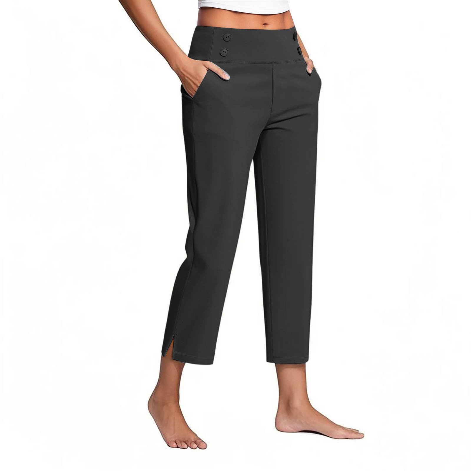 Womens Solid-Colored High-Waist Pockets Casual Pants