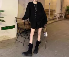 Womens Knitted Two-piece Set Solid-colour Skirt And Sweatercardigan Jacket - Black - View 1