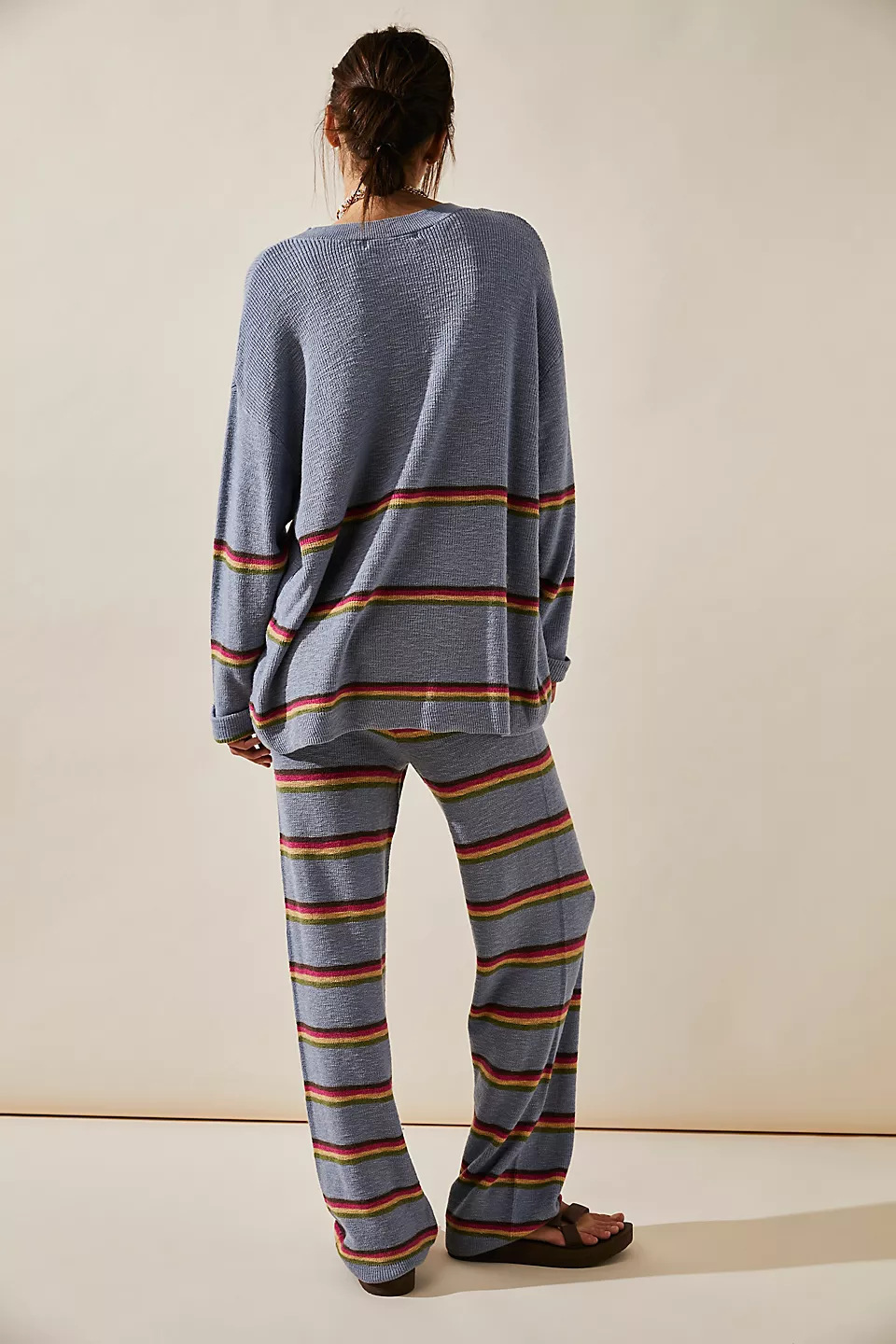 Temperament Crew Neck Long Sleeve Striped Sweater Loose Casual Two-piece Suit