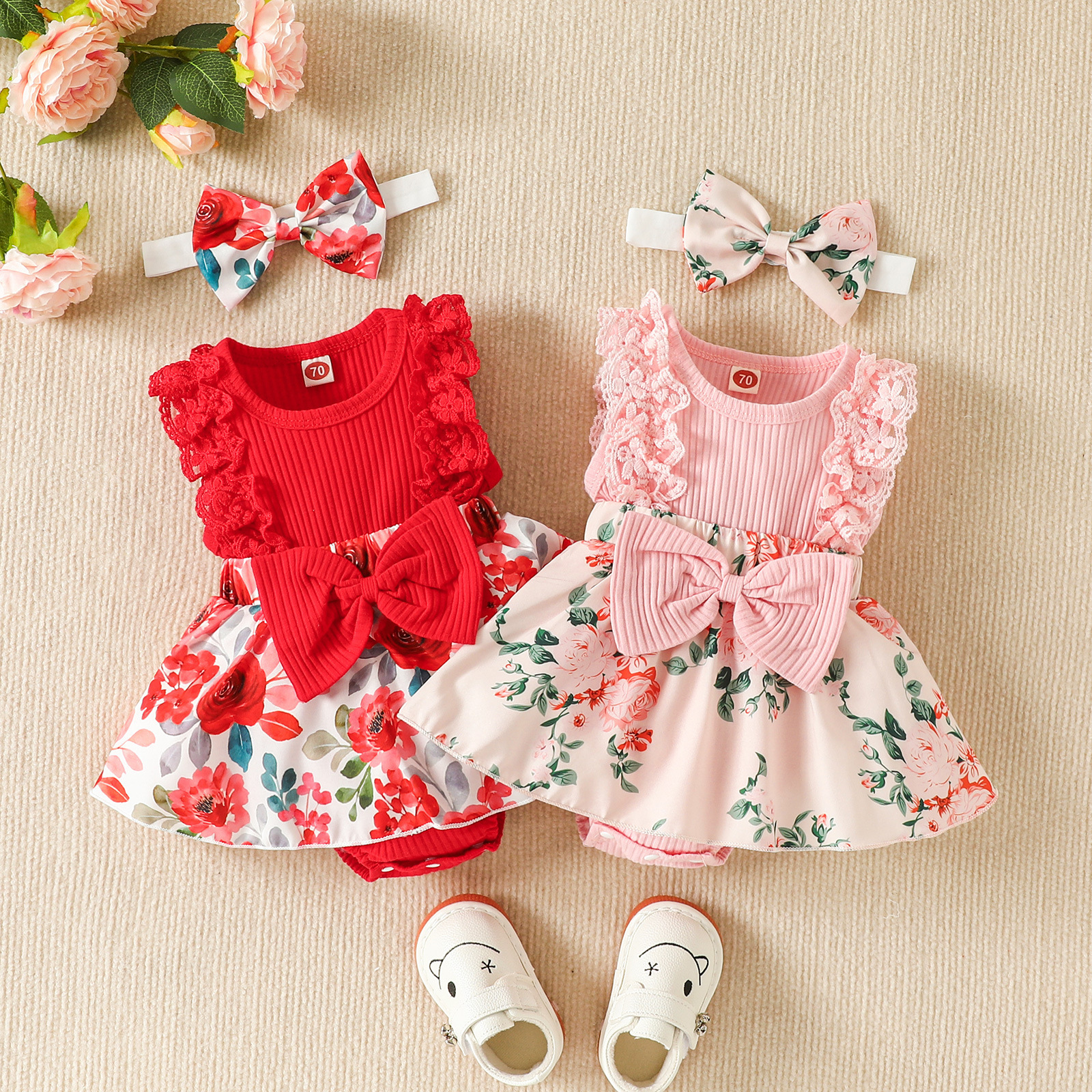 Girls' Lace Edge Sunken Stripe Sleeveless Stitching Flower Print Romper