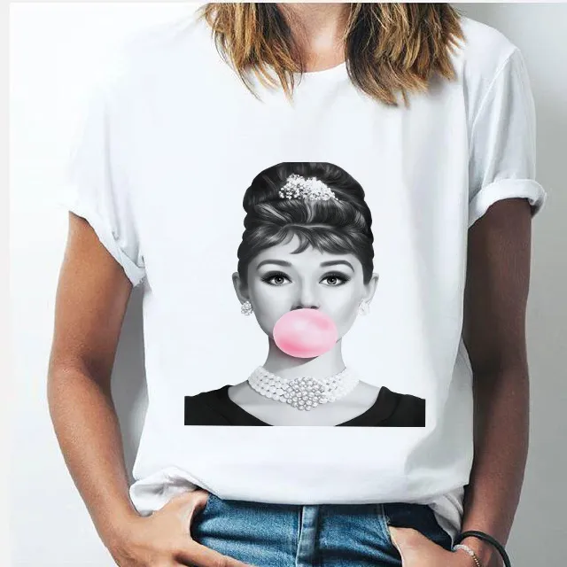 Summer Bubble Blowing Girl Cartoon Print Women's Loose Short Sleeve White Round Neck T shirt 16548 - Shop at LoveMi