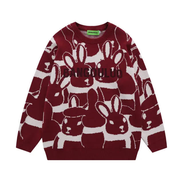 Full Printed Jacquard Cartoon Rabbit Round Neck Sweater Red - Shop at LoveMi