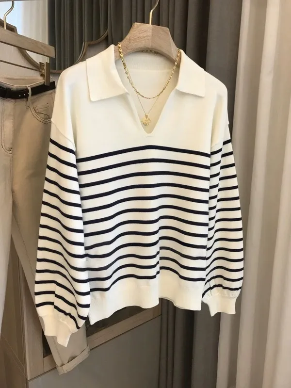 French Striped Polo Collar Sweater Worsted Wool White - Shop at LoveMi