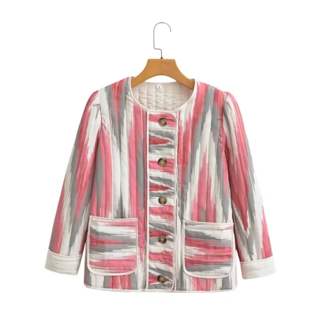 Half open Collar Women's Clothing Pattern Print Cotton padded Jacket Pink - Shop at LoveMi