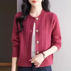 Loose And Lazy Round Neck Stylish Versatile Cable Knit Sweater - Rose - View 1