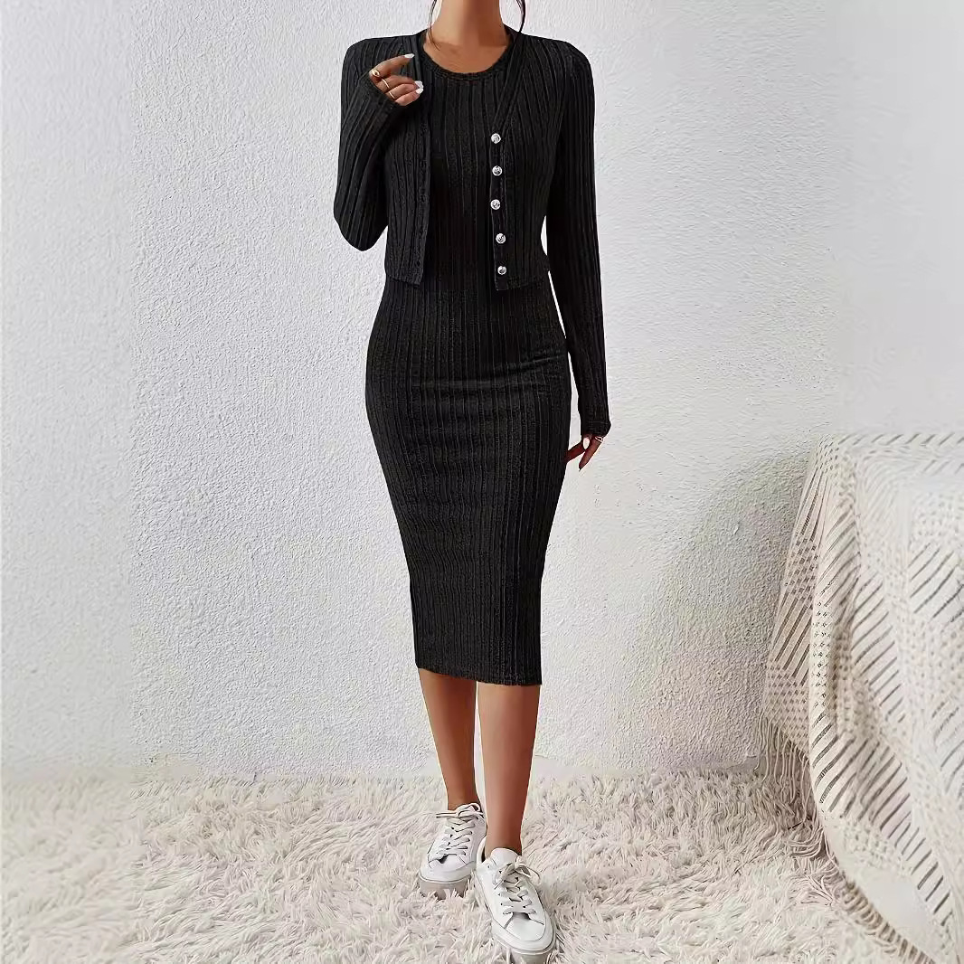 Front Button Cropped Top And Slim Fit Dress