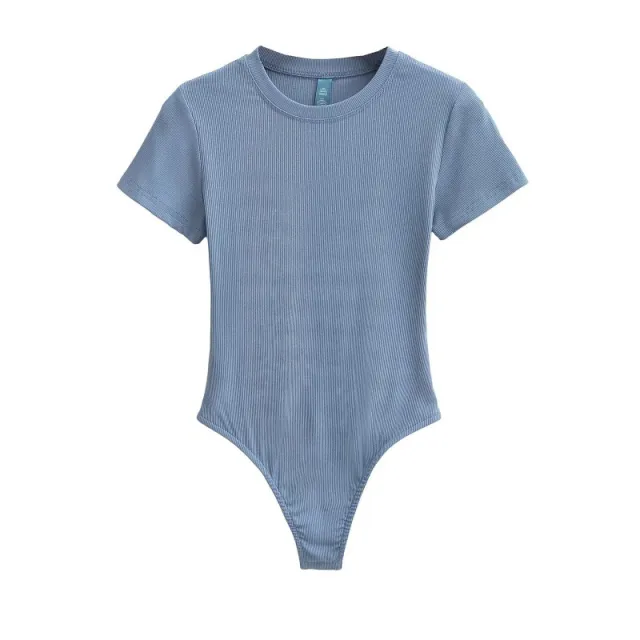 Neck Short Sleeve Rompers Slim Fit Slimming T shirt Top Haze Blue - Shop at LoveMi
