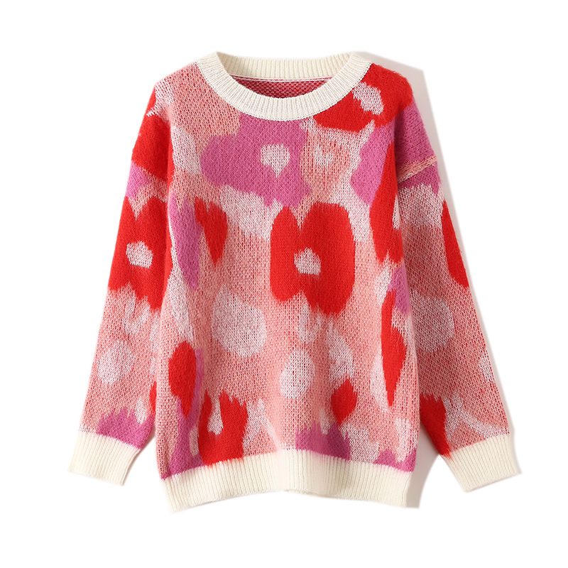 European And American Idle Style Mohair Flowers Print Soft And Comfortable Sweater Red - Shop at LoveMi