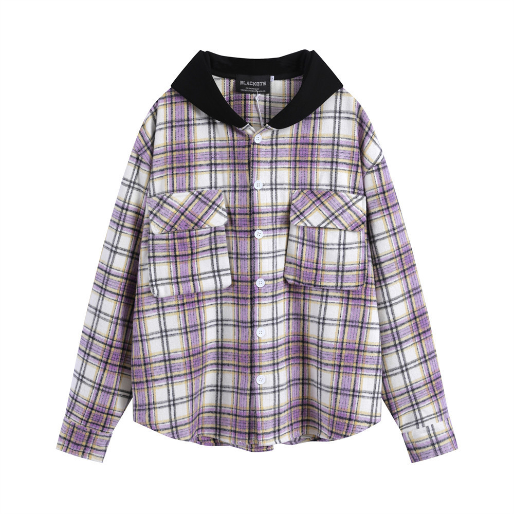 Plaid Colorblock Hooded Shirt Coat Men