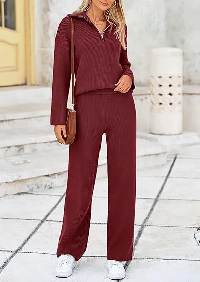 European And American Autumn And Winter Knitting Two piece Set Casual And Comfortable Half open Zipper And Lapel Sweater Wine - Shop at LoveMi