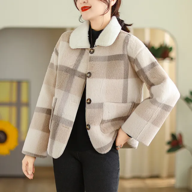 Plaid Fur Integrated Woolen Mink Velvet Coat Apricot - Shop at LoveMi