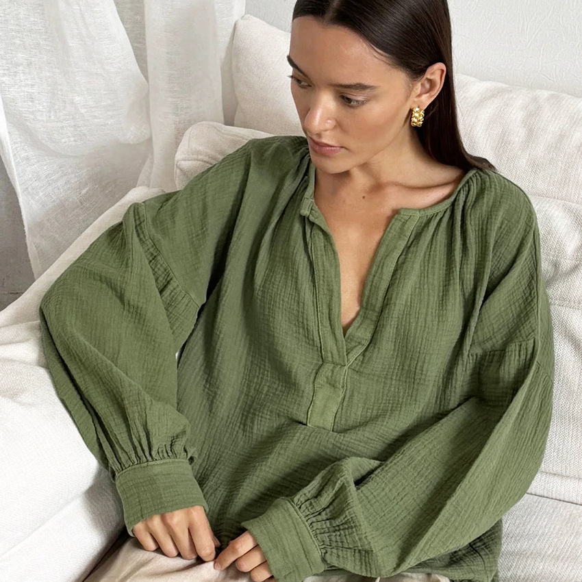 Simple Pure Cotton Design Lantern Sleeve Blouse