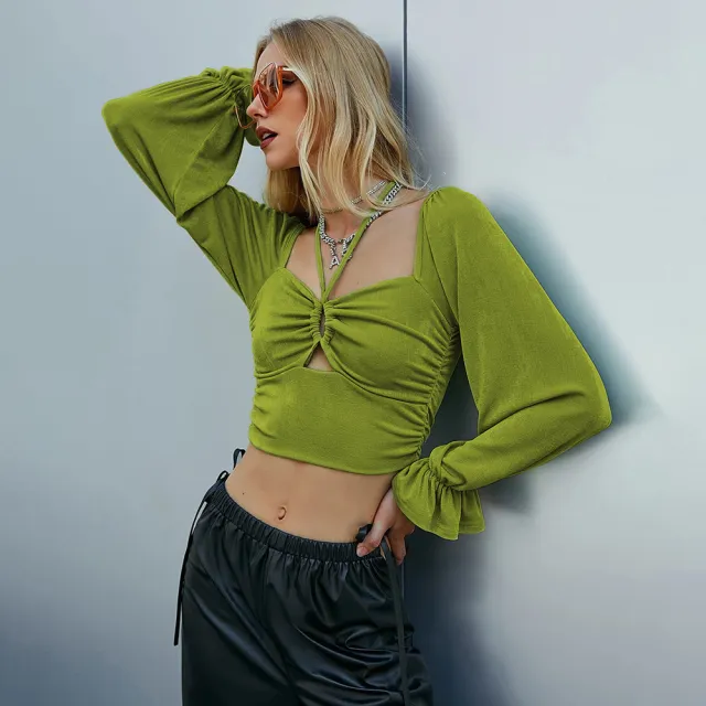 Sexy Hollow out Puff Sleeve Long Sleeve Crop Top Green - Shop at LoveMi