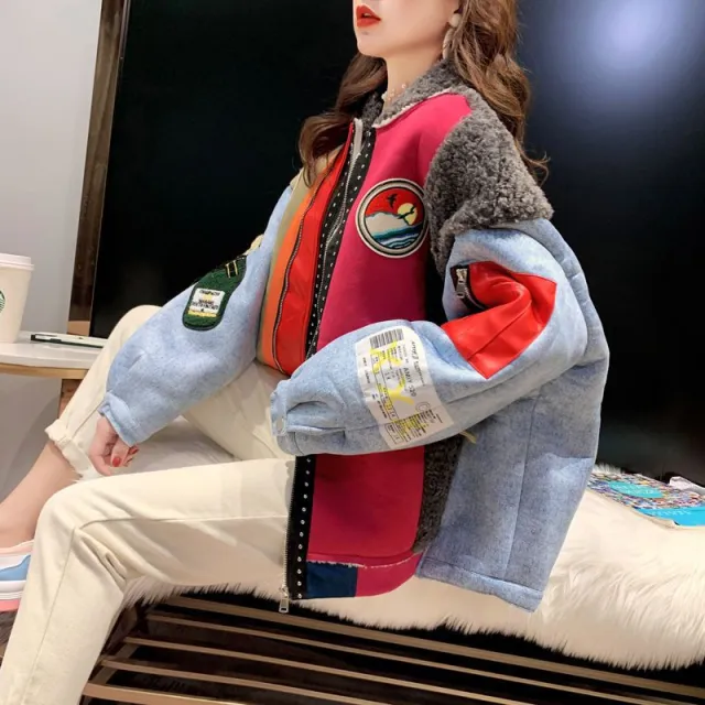 Women's Winter Loose Plus Size Lamb Wool Stitching Denim Coat Red Thick - Shop at LoveMi
