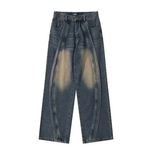 American Retro Patchwork Loose Jeans Blue - Shop at LoveMi
