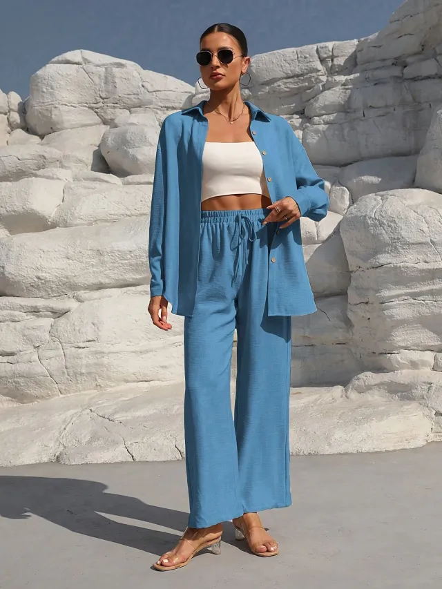 Fashion Graceful Plus Size Women's Long Sleeve Cardigan Two piece Set Casual Solid Color Suit Sea Blue - Shop at LoveMi